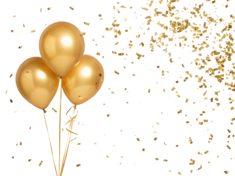 Golden balloons floating with confetti, perfect for celebrations and festive occasions, creating joyful atmosphere