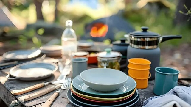 Colorful tableware set for camping in nature