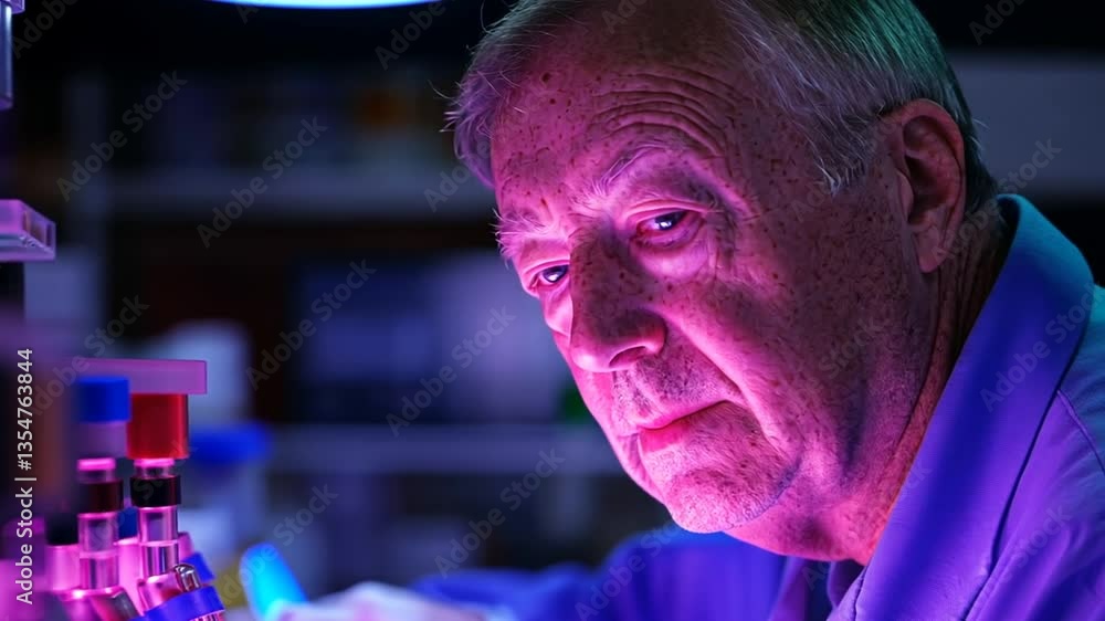 Poster senior researcher conducting experiments in laboratory environment generative ai