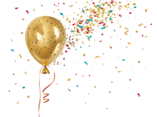 festive gold balloon with colorful confetti and streamers, perfect for celebrations and parties, brings joy and excitement to any occasion