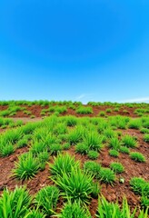 Patches of vibrant green grass sprout from rich brown soil against a vivid blue sky, grass, growth