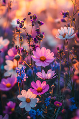 Colorful wildflowers bloom in vibrant field, showcasing pink and white cosmos alongside delicate purple blossoms, creating serene and enchanting atmosphere