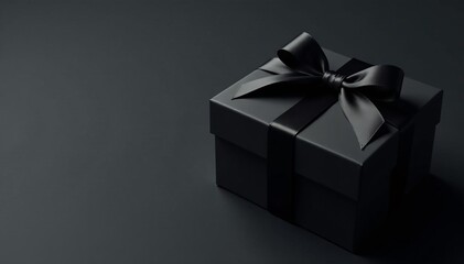 Elegant black gift box with shiny black ribbon on dark background, present, gift, surprise