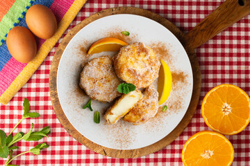 Delicious Spanish dessert LECHE FRITA traditional to prepare for the Easter holiday. Top view table.