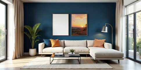 Elegant living room with navy blue accent wall, beige sofa, glass coffee table, and art prints, glass coffee table, navy blue