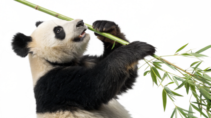 A panda bear standing on its hind legs with a bamboo stalk in its mouth, isolated on a transparent background 