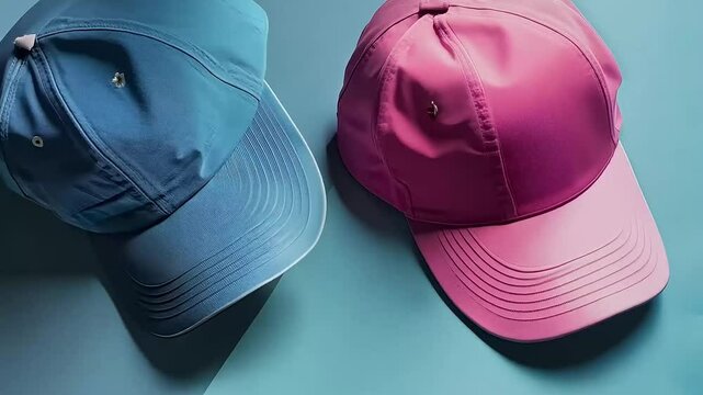 Pink and blue baseball caps on turquoise background
