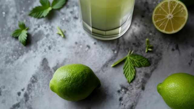 Citrus Refreshment: A refreshing composition showcasing a glass of light-colored drink alongside vibrant limes and fresh mint leaves, artfully arranged on a textured surface.