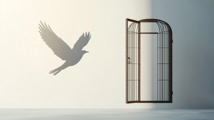 Fototapeta premium Freedom's Flight: A visual metaphor of liberation, with a bird's shadow soaring away from an open cage, conveying themes of escape and new beginnings.