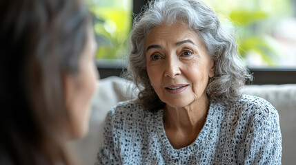 Elderly person engaged in compassionate discussion with therapist in warm counseling room