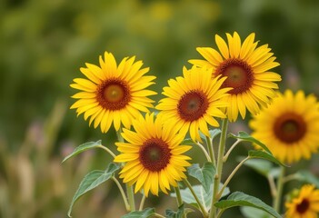 Obraz premium Vibrant yellow wild sunflowers in full bloom against a blurred natural background, bright, wildflower
