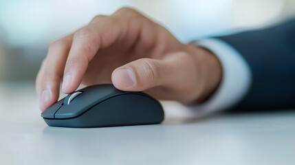 Clicking Through Success: An executive hand confidently maneuvers a computer mouse, symbolizing seamless navigation and strategic control in the modern workplace.