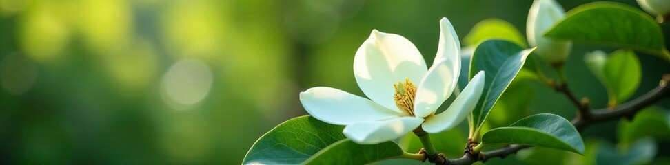 Fototapeta premium Elegant white magnolia blossoms contrasting with green leaves in a garden setting, elegant, flowers, leaves
