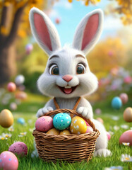 Happy cute Easter rabbit with eggs. Realistic cartoon personage.