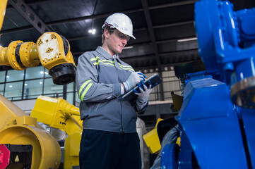 Engineer standing by robotic arm and operating machine in industry factory, technician worker check for repair maintenance electronic operation