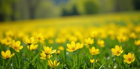Obraz premium Landscape shot of yellow primroses covering a field in bloom during springtime, flowers, April, primroses
