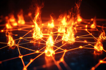 Abstract visualization of a digital network with flames, symbolizing data transfer and security threats
