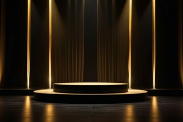 A luxurious event stage with multiple golden spotlights beaming down onto a polished wooden floor and black background