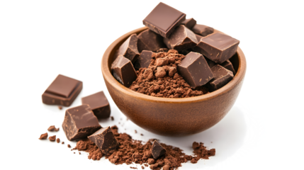 A bowl of chocolate with chocolate chips and powder