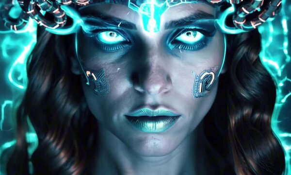 A futuristic Medusa with cybernetic, glowing mechanical snakes instead of hair stares forward with piercing neon-blue eyes. Her metallic skin is embedded with circuit patterns