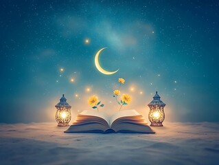 Naklejka premium Open book with night, and crescent moon.