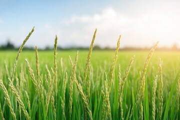 Fototapeta premium Rice ears swaying gently in sunlight against a green field 