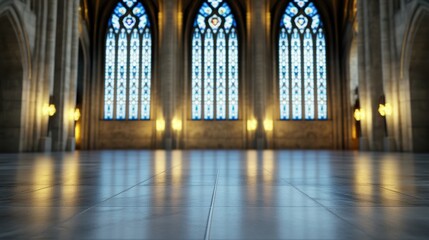 gothic cathedral architecture, soft natural light shining through stained glass windows highlights the cathedrals intricate stone carvings and towering arches