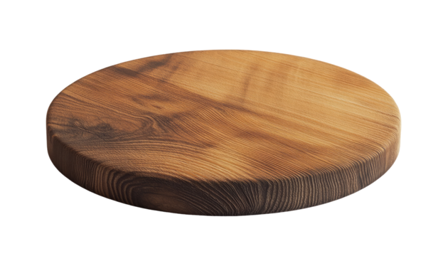 Wooden circular cutting board.  A smooth, light brown, circular wooden surface, ideal for food preparation.  Features a natural wood grain pattern