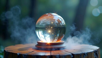 Mystical Crystal Ball on Wooden Stump with Ethereal Smoke Effect