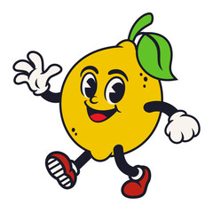 vector cartoon, character, and mascot retro of a lemon with walking pose