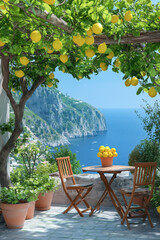 Fruit-laden lemon branch on a small terrace overlooking a beautiful southern European seascape.