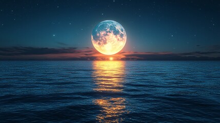 Serene Sunset Over Ocean with a Large Full Moon Illuminating Tranquil Waters and Starry Sky