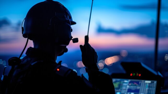 Silhouette of a soldier controlling drones for military operations and surveillance missions