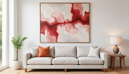Modern abstract canvas above cozy sofa, creating a stylish living room
