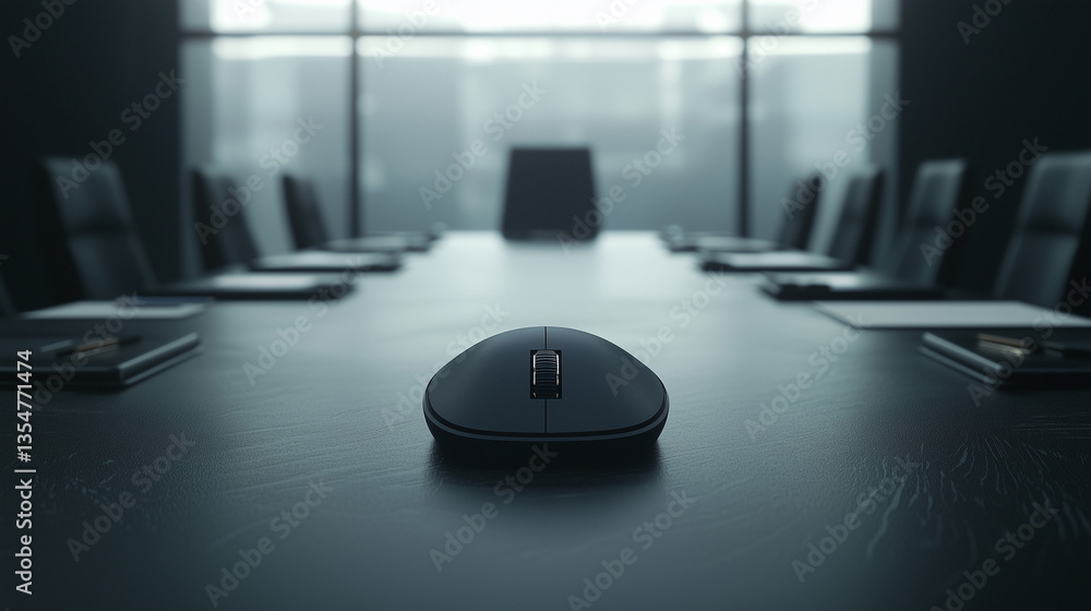 Poster the silent boardroom: a computer mouse sits center stage on a polished boardroom table, creating a s