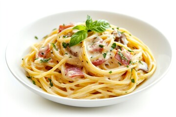 Spaghetti Carbonara with Creamy Sauce and Bacon in White Bowl