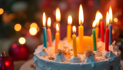  “Watercolor candles on a cake with lights and festive elements all around” - detailed image of candles, creating a cozy and festive atmosphere.