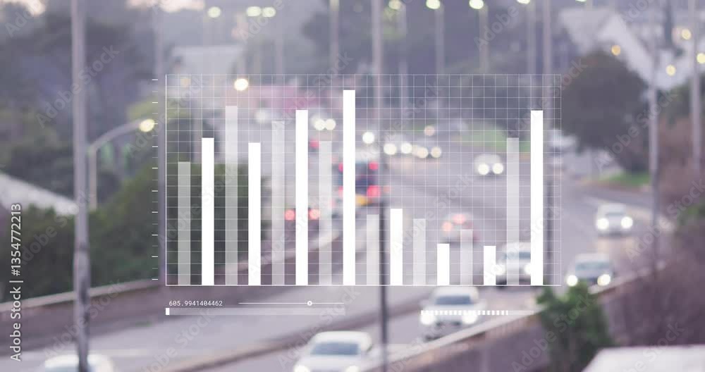 Poster city highway with animation of traffic data bar graph overlaying busy scene
