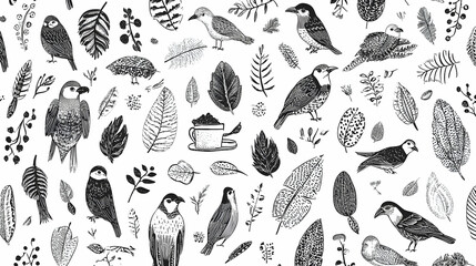 Seamless pattern of hand-drawn birds and leaves in black and white, perfect for textile design or wallpaper.