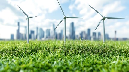 Wind turbines in grassy field with city skyline.