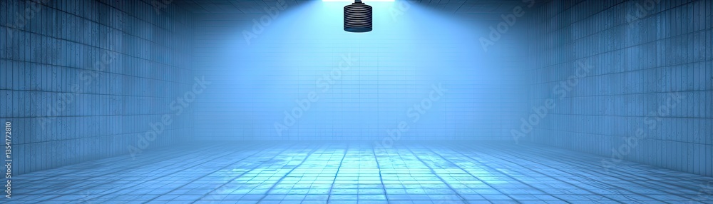 Poster spotlight on empty blue tiled room studio with grid pattern. copy space, product placement