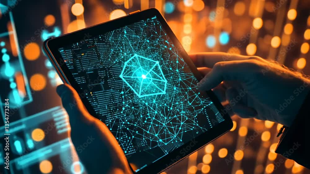 Poster hands interact with smart industry control tablet on automated machine generative ai