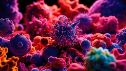 Obraz premium Abstract Representation Of The Universe At A Microbiological Level, Featuring High-Magnification Imagery Of Biological Particles. A Fusion Of Biology And Cosmic Elements.