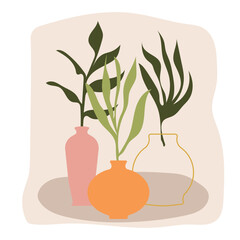 Abstract art with flowers and plants in pots. Contemporary modern design, doodle shapes.