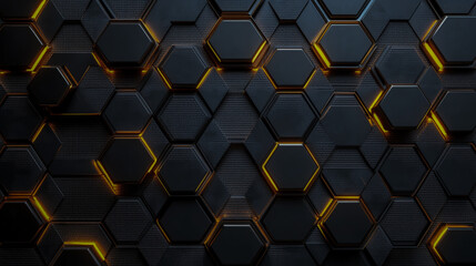 Luxurious Black Hexagonal Metal Texture with Golden Light Highlights, 3D Geometric Grid Pattern, Carbon Background for Premium Wedding or High-End Advertisements.