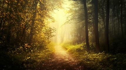 Obraz premium Sunlit Path in a Misty Forest: A Magical Journey