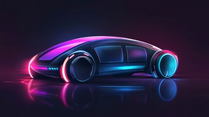 Futuristic electric car concept with neon lights reflecting on dark surface.
