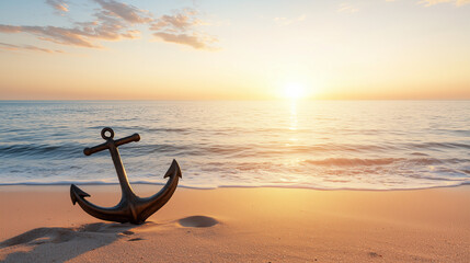 Anchor at Sunset: An old anchor rests peacefully on a sandy beach, set against a stunning backdrop of a colorful sunset over the calm ocean. The image evokes a sense of serenity, travel.