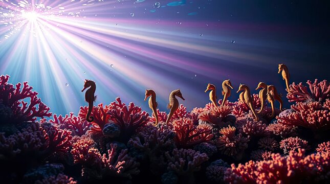 Intense dramatic lighting illuminates an iridescent coral reef teeming with seahorses - Powered by Adobe