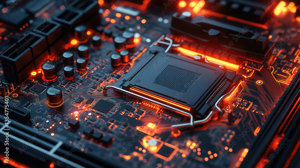 Poster intricate detail of a computer motherboard's internal components, highlighting key elements